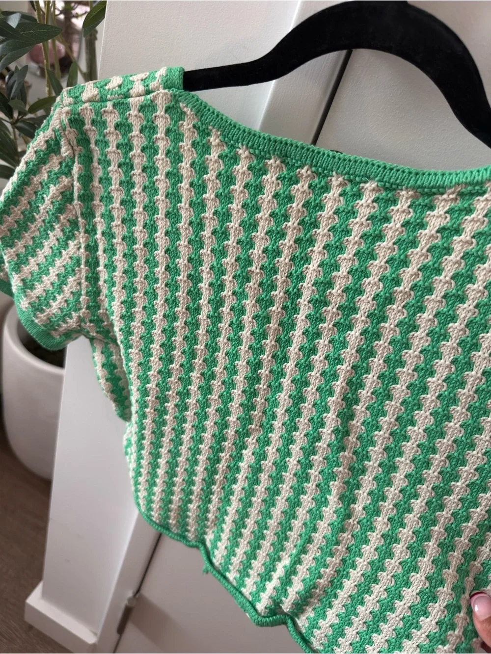 Zara Green and Cream Knit Tie-Front Crop Top